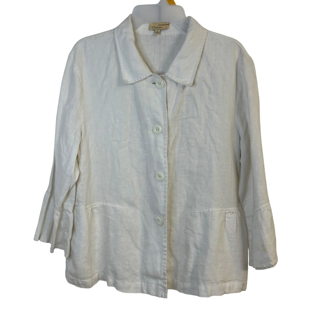 Choices 100% Linen Button Down Jacket Ruffle Sleeve Lightweight‎ White L Beach